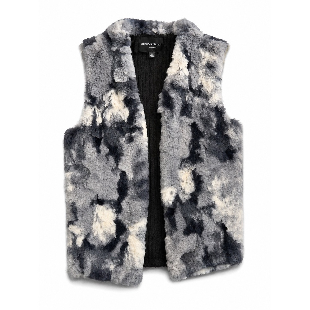 Rebecca Elliot Faux Fur Ribbed Knit Back Vest Grey Cream Black Medium